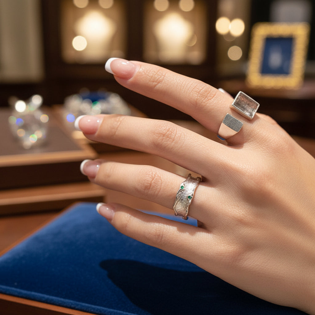 Hand with silver rings and black nail polish against a neutral background