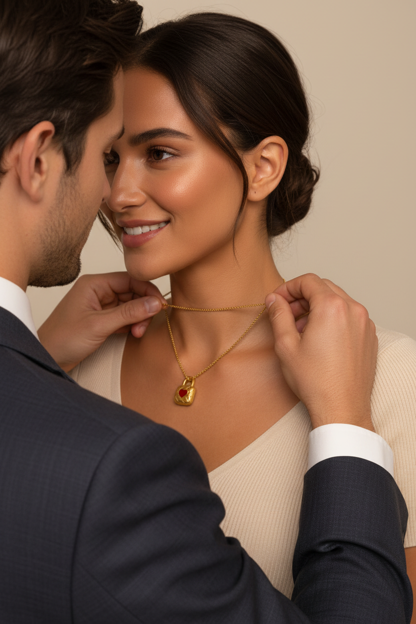 Man adjusting a gold necklace with a red gemstone on a woman's neck against a neutral background