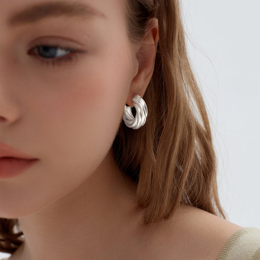 999 Sterling Silver Hollow Chunky Elegant Twsited Statement Jewellery Mini Round Hoop Earrings