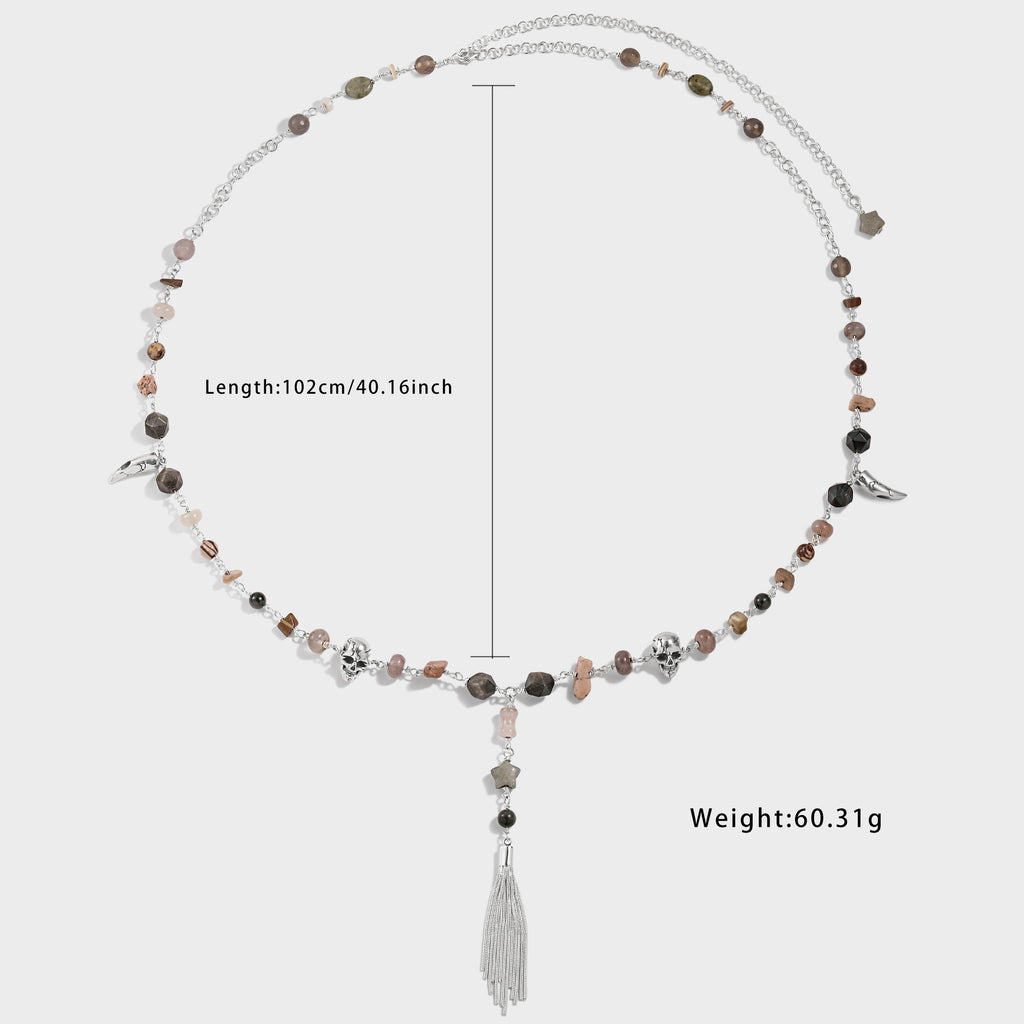 Statement Metal Jewelry Edgy 925 Pure Silver Fashion Skull Head Irregular Stone Tassels Waist Chain Metal