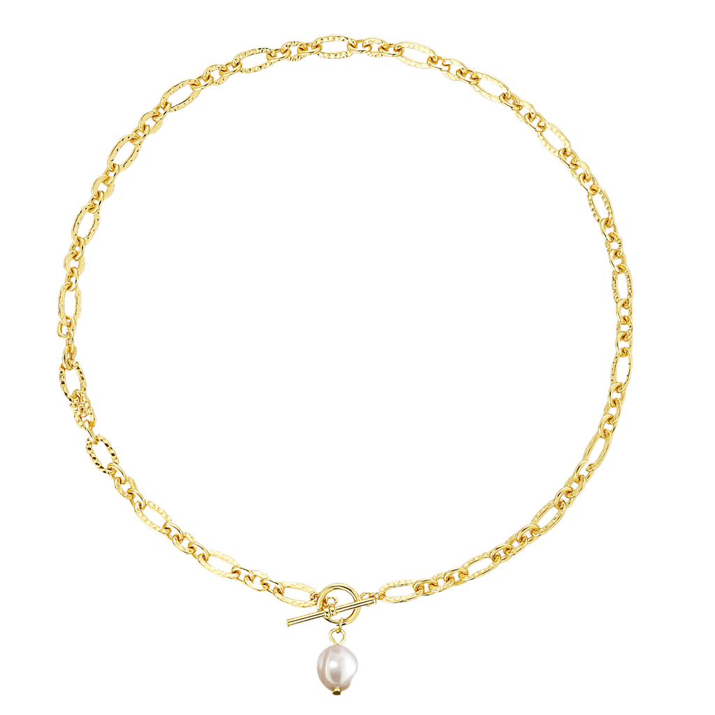 A gold-colored necklace with a hollow wave oval chain design and a natural pearl pendant at the bottom.